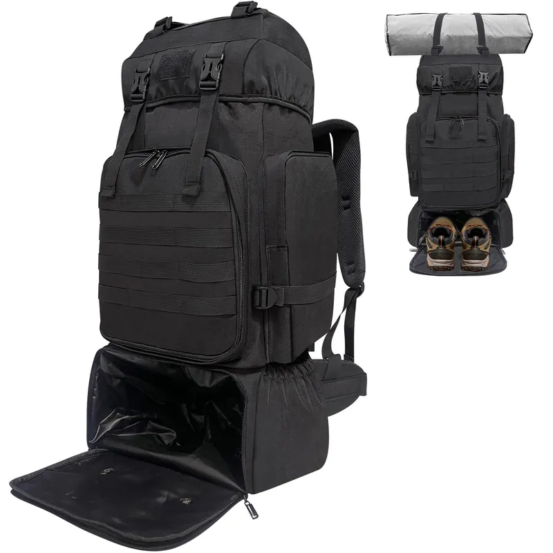 Lizbin Hiking Backpack, 80L Molle Military Tactical Rucksack, Camping Backpack with Shoe Compartment, Lightweight Rucksack for Men, Water Resistant Hiking Daypack Survival Bag Hiking Bag (Black)