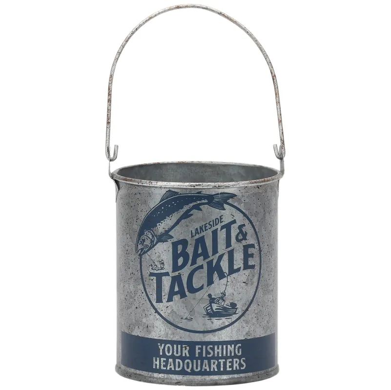 Lakeside Bait and Tackle Metal Bucket - Decorative Fishing Pail for Pencils, TV Remotes or Tools