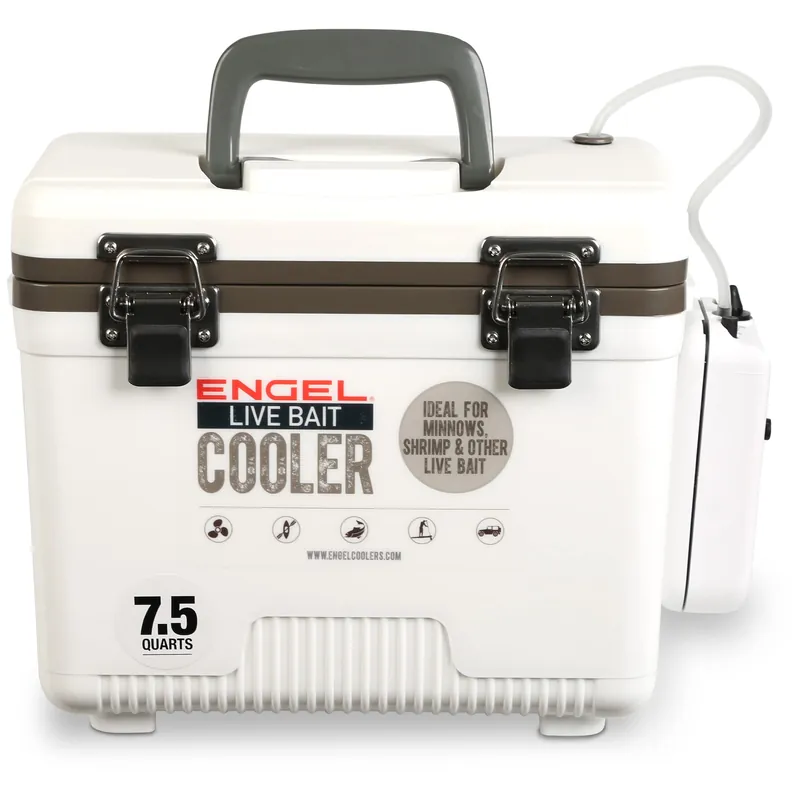 Engel 7.5qt Live Bait Cooler Box with 2nd Gen 2-Speed Aerator Pump - Portable Fishing Station & Minnow Bucket for Shrimp & Other Live Fish with Aerator - ENGLBC7-N in White
