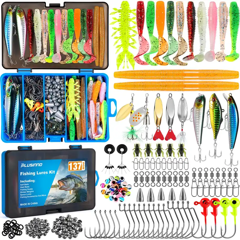 PLUSINNO Fishing Lures, 137Pcs Tackle Box with Tackle Included, Crankbaits, Spoon, Hooks, Weights & Other Accessories, Fishing Bait Lure Gear Kit Gift for Men Bass Freshwater