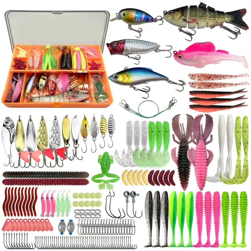 Fishing Lures - Fishing Kit Included 193Pcs Fishing Accessories and Tackle Box, Frogs, Minnows, Soft Baits, Hooks & Weights Accessories Gear Gift for Men Freshwater Bass Trout