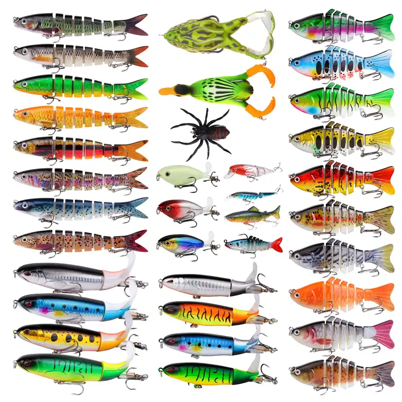 36pcs Fishing Lures Kit for Bass Pike Panfish Walleye Trout Including Multi Jointed Swimbaits Soft Duck Spider Frogs Soft Fish and with Floating Rotating Propeller Tail Tractor Topwater Lures