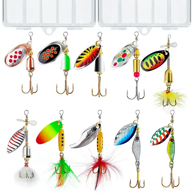 TB Tbuymax Fishing Spinner Baits for Freshwater and Saltwater, 10pcs Rooster Tail Fishing Lures & Spinning Spoons, Hard Metal Baits for Bass Trout Salmon with 2 Tackle Boxes
