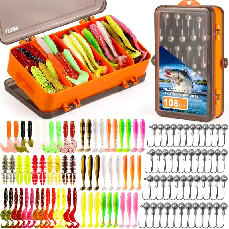 PLUSINNO Fishing Lures, 108PCS Tackle Box with Tackle Included Paddle Tail Swimbaits, Soft Worm Lures, Crappie Jigs Heads, Fishing Gear Bait Lure Kit Gifts for Men Trout Bass Freshwater