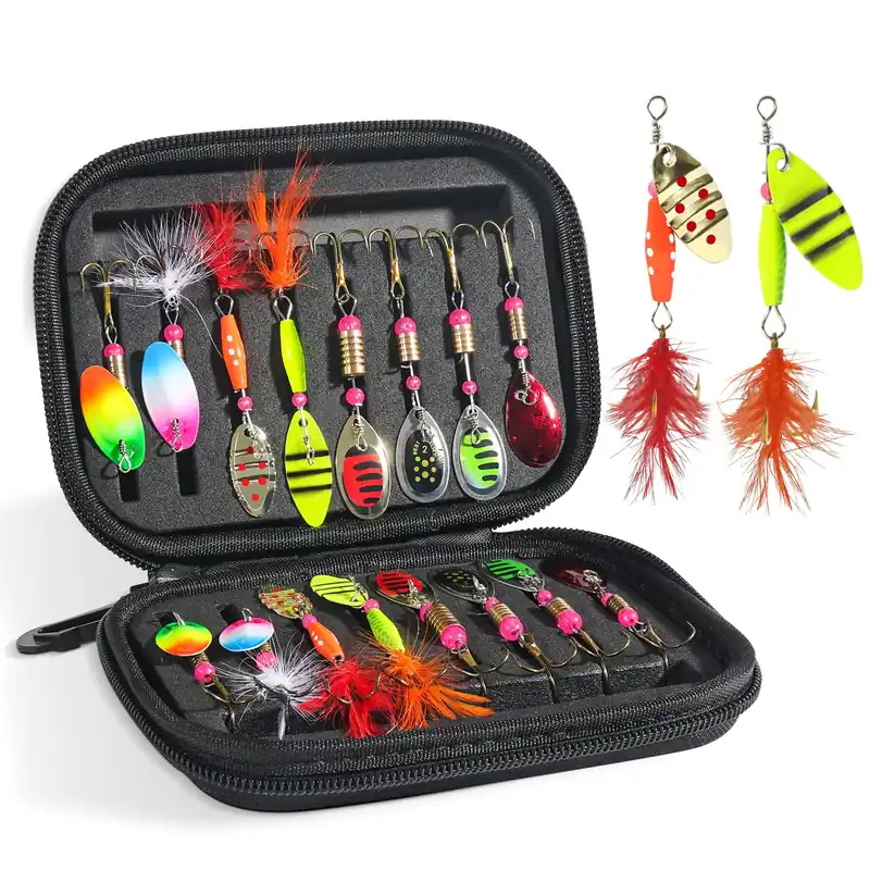 16pcs Fishing Lures Spinner Baits, Trout Bass Salmon Lures Kit with Treble Fishing Hooks & Rooster Tail, Fishing Gears Spinnerbait Spoons Baits for Freshwater Saltwater Trout, Gift for Men