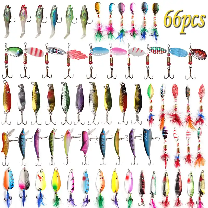 66pcs Fishing Lures Spinner Baits, Trout Bass Salmon Walleye Lures Kit with Treble Hooks Rooster Feather Tail, Assorted Spinnerbait Spoons Minnow Swim Bait for Freshwater Saltwater Fishing