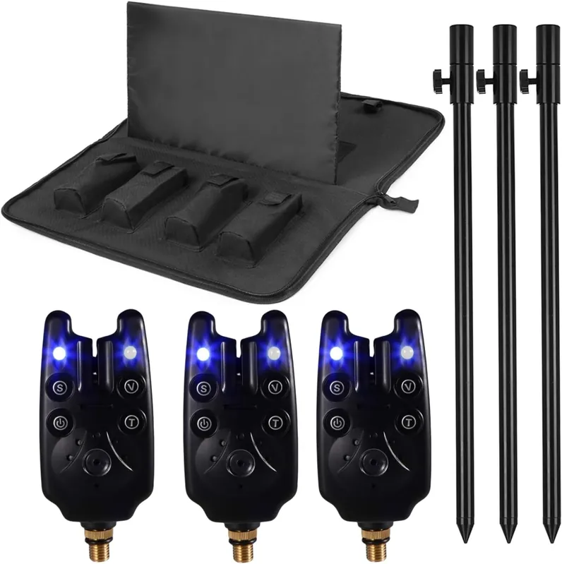 Fishing Bite Alarm Indicator Set LSOSVSEU‘s 3 LED Fishing Alarms 3 Extendable Aluminum Banksticks with Waterproof Tool Bag, Fishing Rods Set Bank Poles Set for catfishing