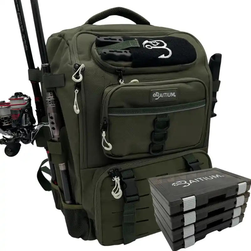 Baitium Fishing Backpack, Tackle Bag With Rod Holders, 40L Capacity With Cooler, Rain Cover, Insulated Pocket, 4 Tackle Trays Included- (Green)