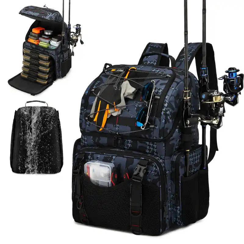 RUCYEN Fishing Backpack, 45L Large Cooler Fishing Tackle bag with Rod Holders & Rain Cover, Water-resistant Store Fishing Gear