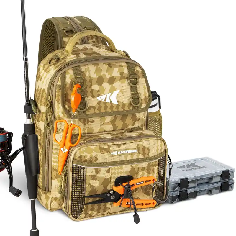 KastKing BaitSpace Fishing Tackle Bag, Water-resistant Tackle Storage with 2 Black Camo Tackle Boxes & Detachable Soft Bait Binder, Adjustable Backpack for Bank, Wading, & Boat Fishing