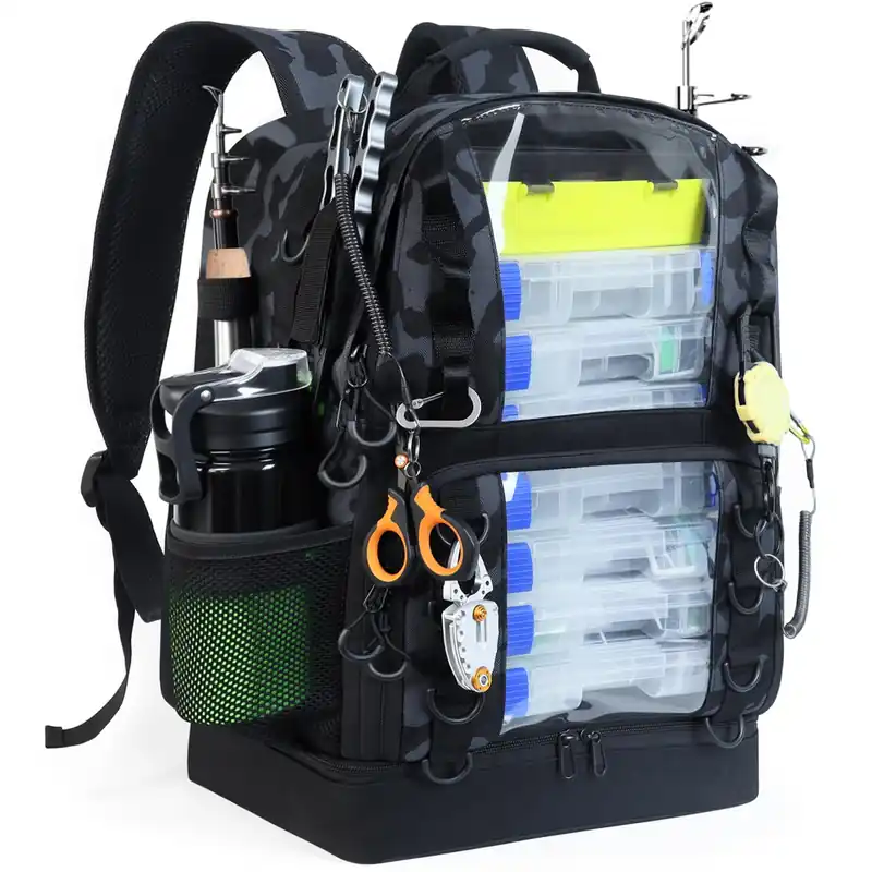 YOLIBON Fishing Tackle Backpack with Cooler,45L Large Tackle Bag with 2 Rod Holders & Clear Window,Outdoor Fishing Backpack for Fishing,Camping,Hiking,Camouflage Black