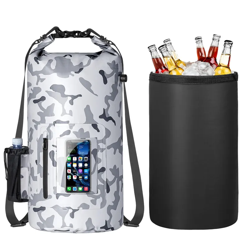 Smasrob 30L Waterproof Dry Bag with 20L Detachable Cooler, Dry Bag Cooler Backpack with Phone Pocket and Bottle Pouch, Suitable for Kayaking, Boating, Camping and Water Activities, Gray Camouflage