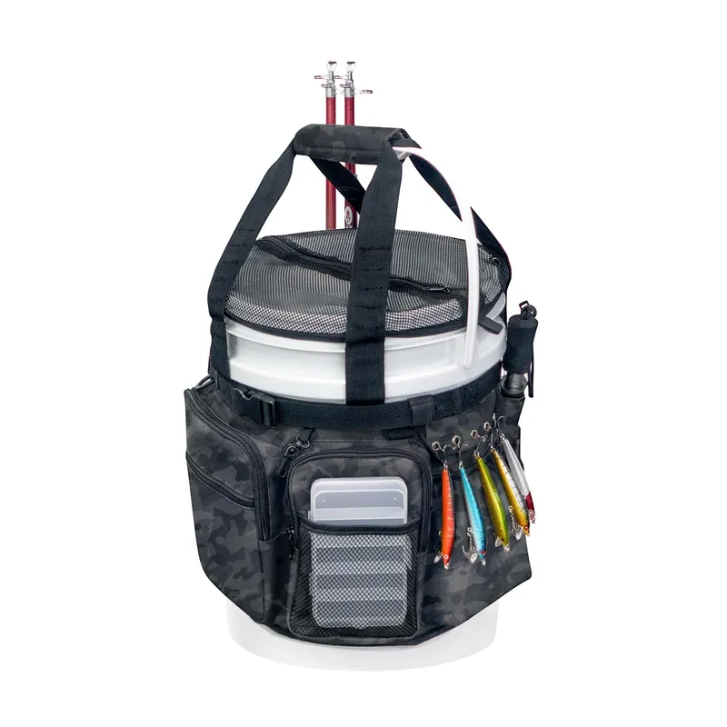WTVIDAS Fishing Bucket Organizer with Top Cover, Ice Fishing Tackle Bag with Rod & Plier Holder, Multi-Pockets for 5 Gallon Bucket Fish Gear & Accessories