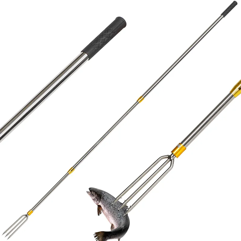 Cyfie Telescopic Fishing Gaff Flounder Gig, Stainless Steel Fishing Hunting Harpoon Pole with Spear Hook Barbed, Heavy Duty Frog Flounder Gig for Ice Fishing Saltwater Sea (9.4ft Long with 3-Prong)