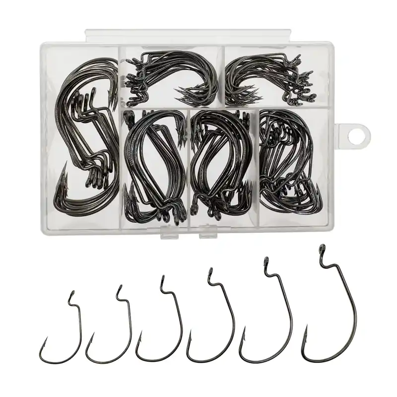 Afmivs Worm Hooks for Bass Fishing Hooks, 110pcs Bass Hooks Fishing, 6 Sizes Fishing Hooks Freshwater, Eagle Claw Hooks 1 1/0 2/0 3/0 4/0 5/0 Black High Carbon Steel with Portable Plastic Box