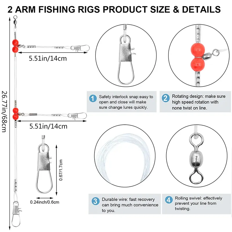 YOTO Fishing Leaders,Saltwater Tackle Rig with Swivels Snap, High-Strength Fishing Wire Gear Equipment for Lures Bait Or Hooks,1Arm and 2Arm