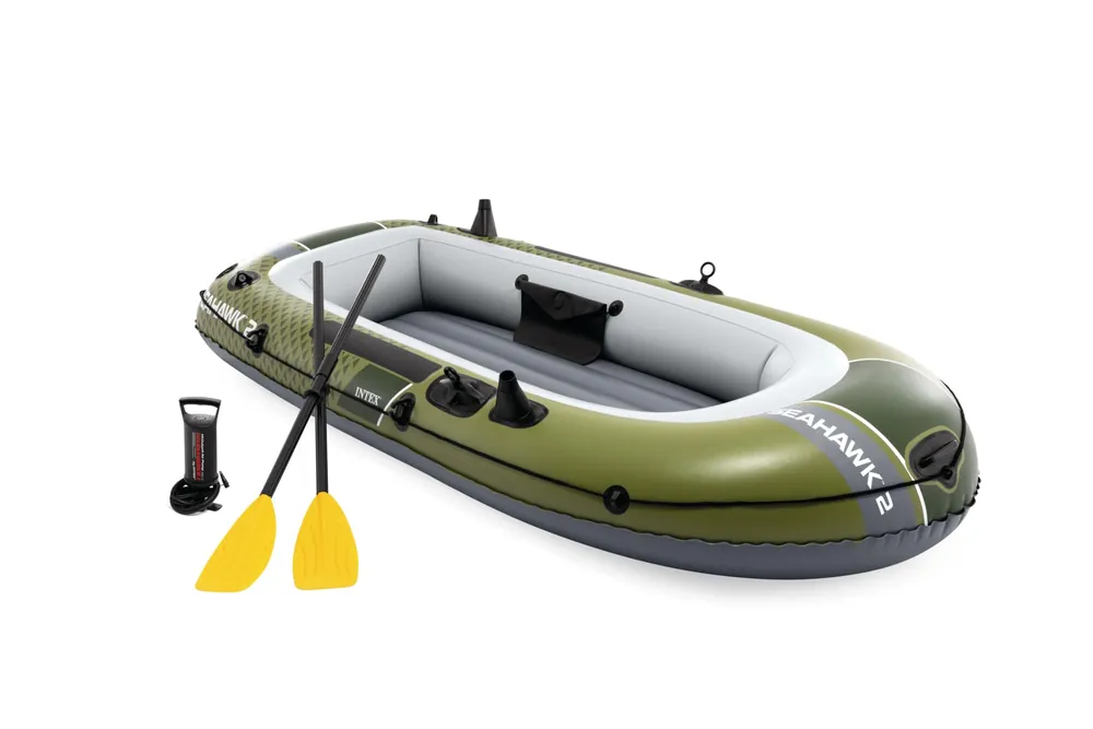 INTEX 66332EP Seahawk 2 Inflatable Boat Set Includes Deluxe 48in Aluminum Oars and High-Output Pump – SuperStrong PVC – Fishing Rod Holders – 2-Person – 520lb Weight Capacity