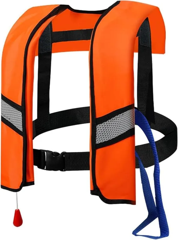 150N Unisex Automatic Life Jacket - Lightweight Inflatable Flotation Device with Reflective Patches, Whistle, Extra Tube - Suitable for Rowing, Boarding (Orange)