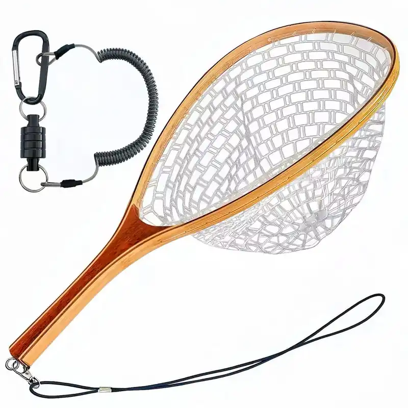 SEASPRO Fly Fishing Landing Net Trout Soft 23.62in Rubber Catch and Release Fish Net with Wooden Handle Frame Magnetic Fly Fish Net