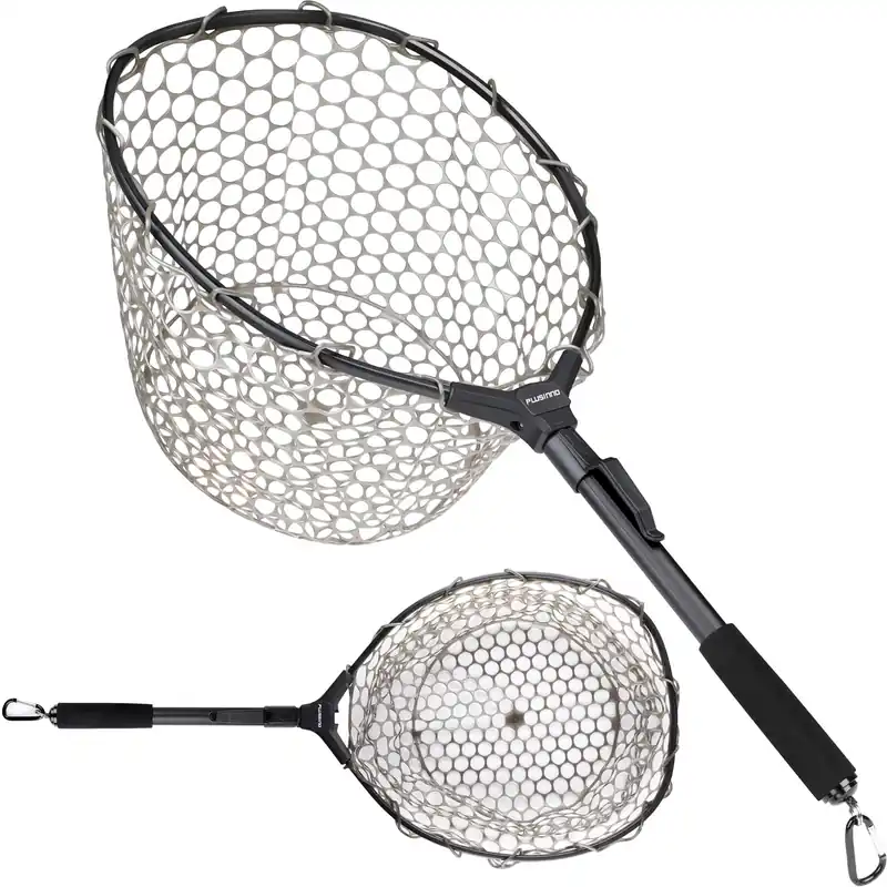 PLUSINNO Fly Fishing Net, 16" x 13", Rubber Mesh, Folding, Portable, Lightweight, Telescopic Handle, Ideal for Fly Fishing, Kayaking, and Boating