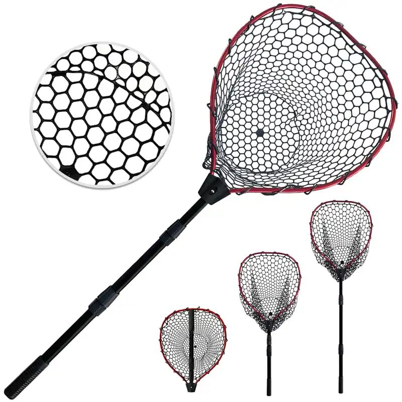 SEASPRO Red Telescoping Rubber Fishing Net Aluminum Alloy Fish Net - Adjustable Length Lightweight Foldable Large Fishing Net with Handle Collapsible Extendable Fishing Accessories