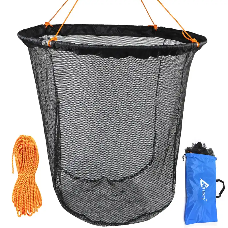 Drasry High Load-Bearing Aluminum Ring Bridge and Pier Fishing Net Landing Net Foldable Drop Net for Saltwater Freshwater Pier Fishing Baskets Net Collapsible 49.2 FT Rope（23.6 * 23.6 * 27.5 in）