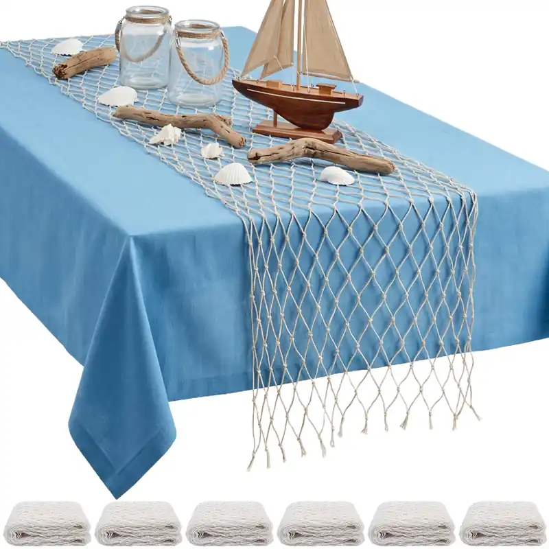 SATINIOR 6 Pcs Fish Net Party Decorations Fishing Net Table Runner 12x72‘‘ Decorative Nautical Cotton Fishnet for Pirate Mermaid Hawaiian Ocean Beach Under the Sea Themed Party Decor (Natural)
