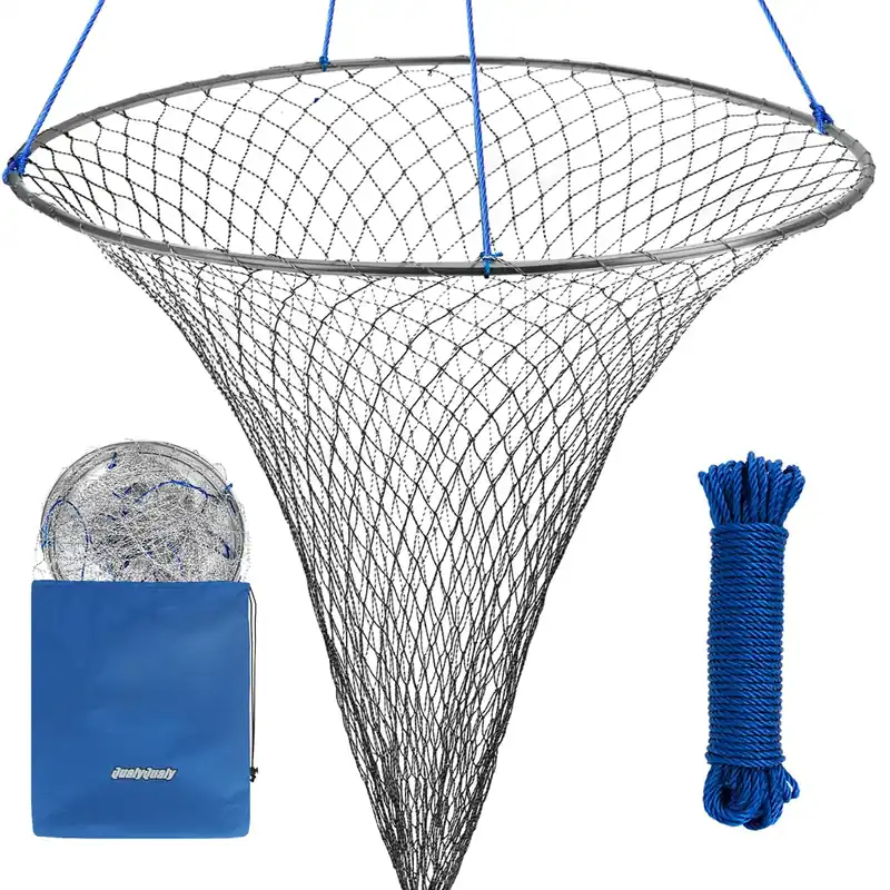 QualyQualy Bridge and Pier Fishing Net, Foldable Drop Net for Pier Fishing with Rope, Landing Net Soft Steel Hoop and Nylon Mesh (39‘‘×36‘‘)