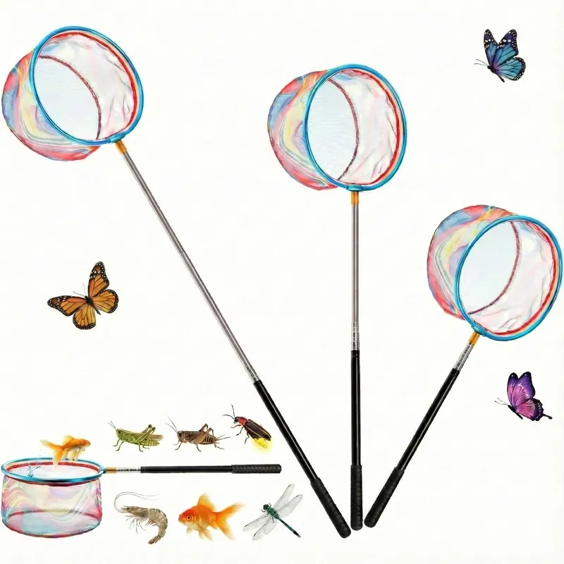 Goaste 3 Pack Kids Fishing Net, Telescopic Lightweight Landing Net, Bug Insect Catching Net with Stainless Steel Pole Handle for Kids Outdoor Playing, Extendable from 26 inch to 67.5 inch