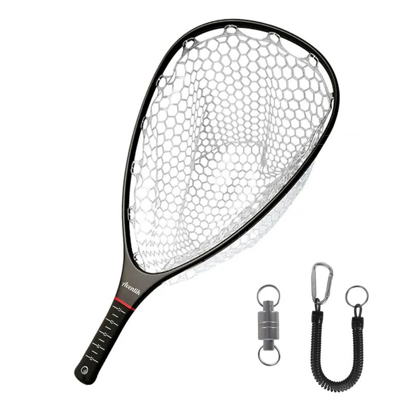Aventik Fly Floating Fishing Net Carbon Fiber Landing Net Clear Rubber Ghost Net Catch & Release with Magnet Release (Black with Magnet