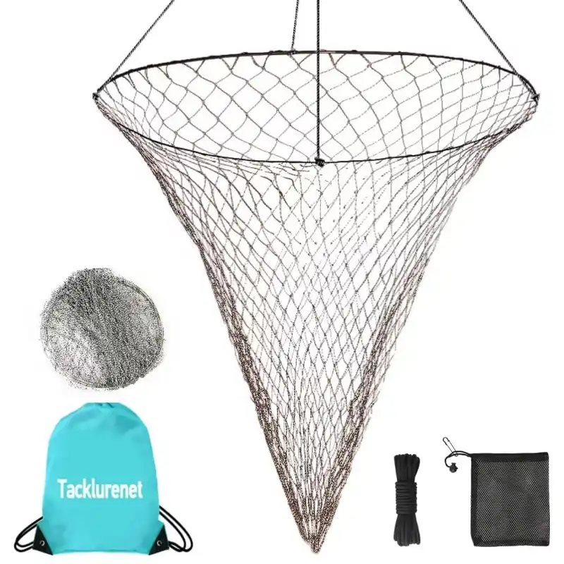 Tacklurenet Foldable Pier Fishing Net - Bridge and Drop Net for Big Fish With Dual-Line Reinforced Fiber, Bold Soft Steel Hoops, Black