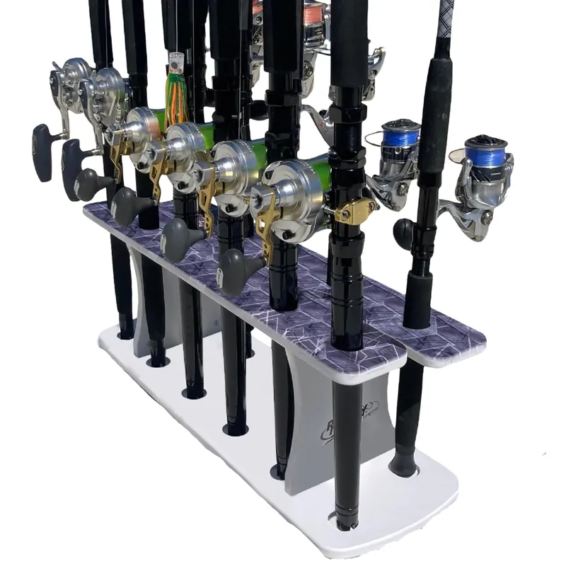 Rush Creek Creations Reel Salty Gray/White/Blue 11-Rod Marine Grade Fishing Rod Holder - Bi-Level Design, UV-Resistant, 100% Waterproof for Garage and Dock