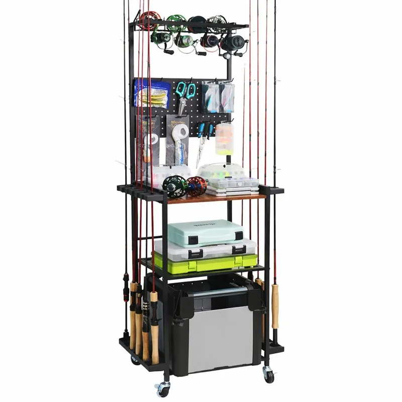 Aventik Fishing Rod Holders For Garage, 3-Tier Fishing Rod Rack Store 12 Rods& 8 Reels, Heavy Duty Pegboard Freestanding Rod Rack