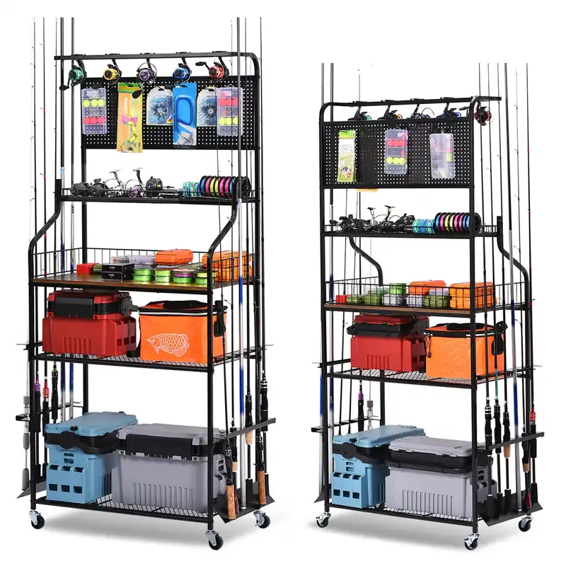 Lezbanz Heavy Duty Fishing Rod Holder, Fishing Organizer for Garage Up to 15 Rods with Hooks and Wheels, 4-Tier Fishing Rod Rack for Large Tackle Box and Reel Organization