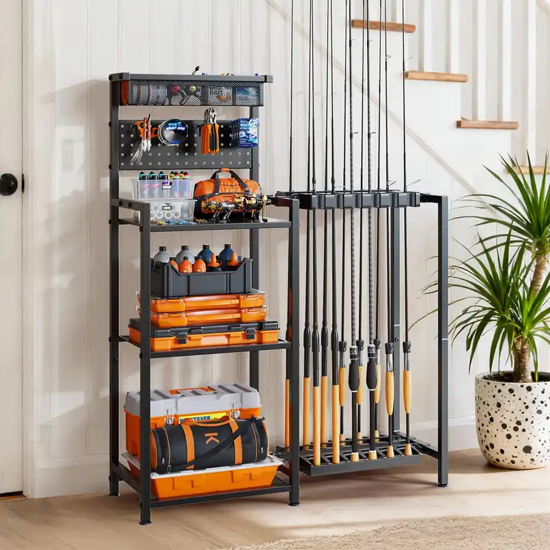 Fishing Rod Holders for Garage, Fishing Pole Rack with 3 Tier shelf, Heavy Duty Fishing Pole Holders with Pegboard and Basket, Freestanding Fishing Rod Rack Hold up to 12 Fishing Rods, Black