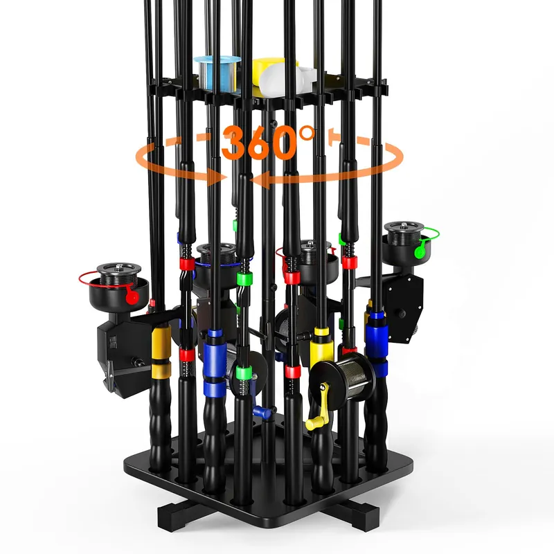 Roylvan Fishing Rod Holders for Garage, 360° Rotating Vertical Fishing Rod Rack, Metal Fishing Pole Stand Holds 16 Rods, Fishing Gear Equipment Storage Organizer for Ground, Fishing Gifts for Men