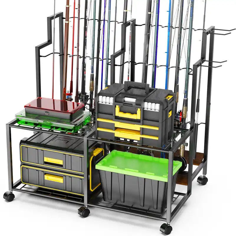 Miratino Fishing Rod Holders for Garage, 24 Rod Fishing Pole Rack Cart with Wheels, Fishing Rod Storage Organizer with Shelves, Rolling Tackle Storage Rack for Fishing Gear, Garage Basement Shed