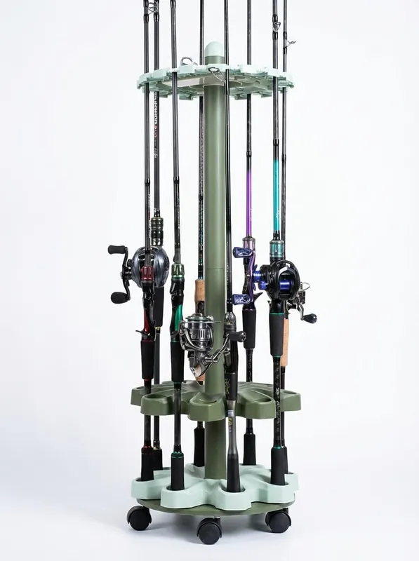 Tcakelox 360° Rotating 16-Rod Fishing Rod Holder Rack with Wheels, Rolling Storage Stand for Rods & Combos, Space-Saving Organizer, Durable ABS Frame with Protective Rubber Pads