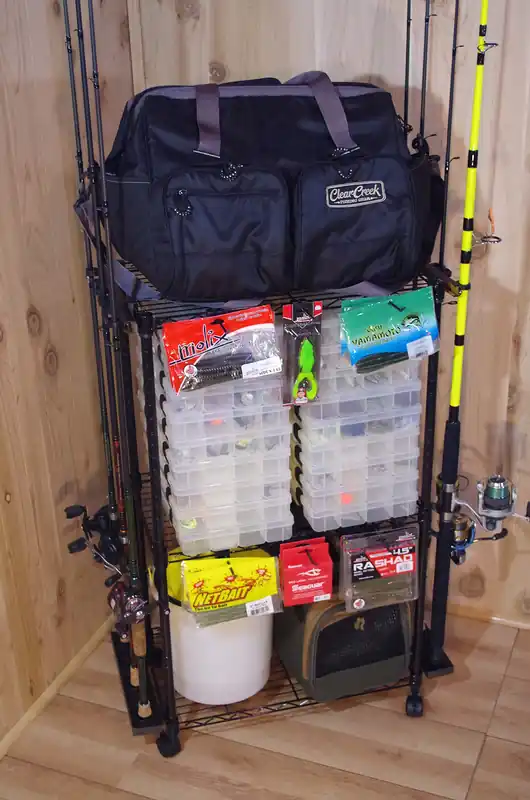 Old Cedar Outfitters Rolling Rod Cart and Tackle Trolley Holds 12 Rod and Reel Combo for Garage and Home Storage