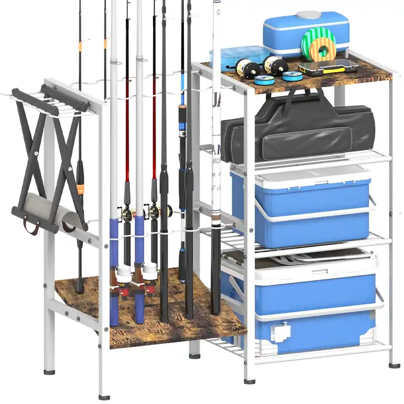 Tigerden Fishing Rod Holders for Garage, Fishing Pole Holder Stand with Multifunctional Hook, 4 Tier Fishing Gear Equipment Organizers Rack, Fits Most Rods of 1.58" for Home Entryway Corner, White