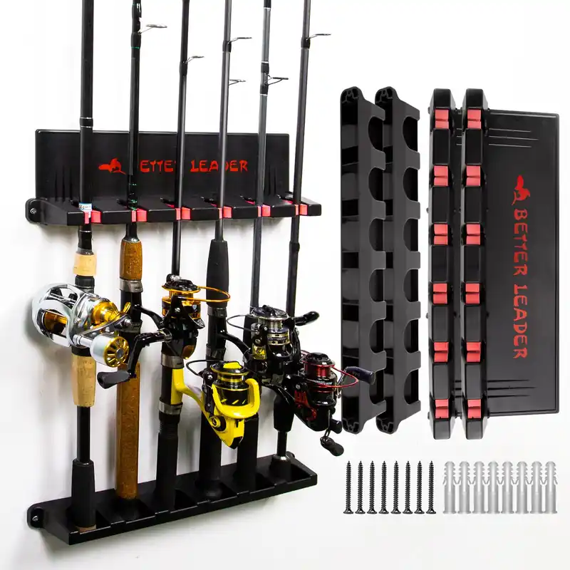 2 Pack Vertical Fishing Rod Holder for Garage, BETTER LEADER Fishing Pole Holders- Holds Up to 12 Rods or Combos, Wall Mount Fishing Pole Rack, Fits Most Rods of Diameter 3-19mm, Fishing Gifts for Men