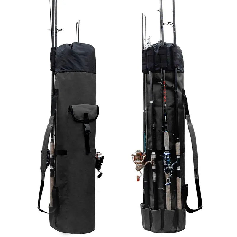 Allnice Sturdy Canvas Fishing Rod & Reel Organizer Bag Travel Carry Case Bag- Holds 5 Poles & Tackle (Black)
