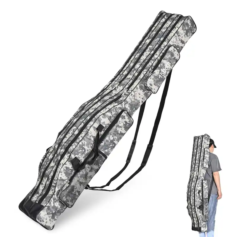 LEOFISHING Portable 3 Layers Fishing Pole Bag Durable Oxford Folding Fishing Rod Reel Carry Case Tackle Storage Bag Case Waterproof Camouflage Travel Fishing Carrier (Grey Camouflage, 120cm/47in)