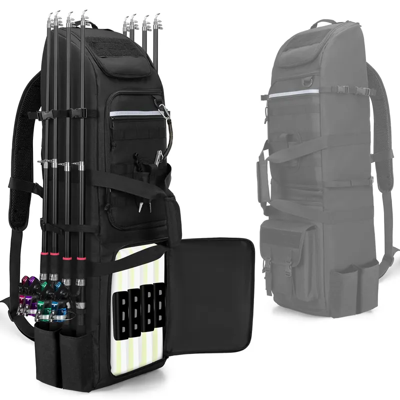 Rexmica Fishing Rod Bag Backpack Holds 8 Rods & Reels, Fishing Tackle Bag with Compartment for Tackle Boxes, Fishing Gear or Equipment, Fishing Pole Carrying Bag with Tactical Molle System