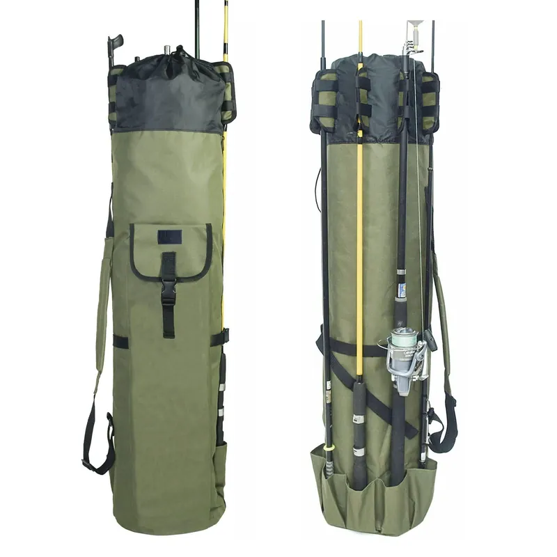 DONQL Fishing Rod Bags - Outdoor Pole Holders, Multifunction Camping Portable Canvas Backpack Case - Fish Rod Storage Bag Holding 5 Poles & Tackles (Dark Green)