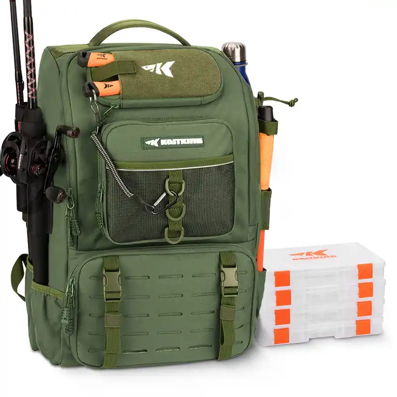 KastKing KarryAll Fishing Tackle Backpack with Rod Holder 4 Tackle Boxes,40/26L Tackle Bag Storage Fishing Gear and Equipment,Green,Large