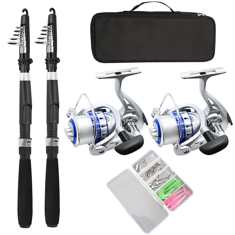 Fishing Pole Combo Set,2.1m/6.89ft 2PCS Collapsible Rods 2PCS Spinning Reels Mono Fishing line Come Setup Already!Lures Set Carrier Bag Freshwater Kit Fishing Rod Reel Combos ministoream