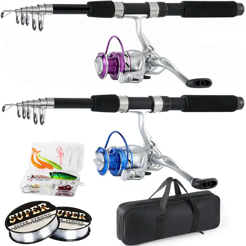 Tripquips Fishing Pole Combo, 6.9ft 2Pcs Telescopic Rods Set, Collapsible Fishing Rods, 2PCS Spinning Reel Set with Carrier Bag Freshwater Fishing Rod and Reel Combos Kits(Blue and Purple)
