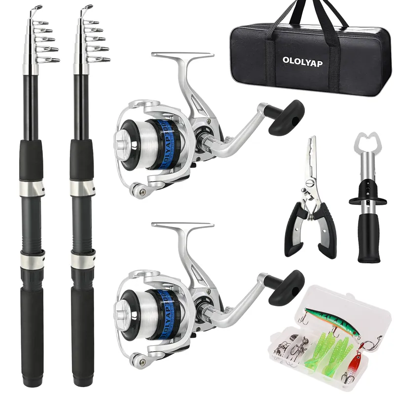 OLOLYAP Fishing Pole Combo Set 6.9ft 2PCS Telescopic Fishing Rod and Reel Combo with Fishing Pliers and Lip Gripper Collapsible Fishing Rod and Reel Kits for Bass