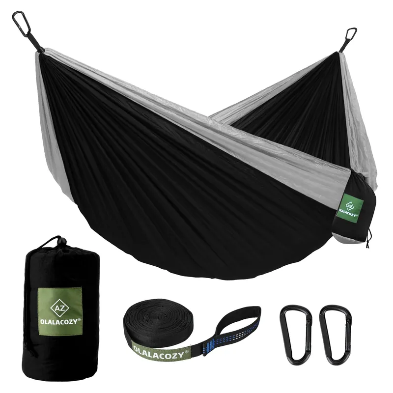 OLALACOZY Camping Hammock,Camping Essentials,Lightweight Portable Double & Single Hammock with Tree Straps, Camping Gear for Outside Hiking Camping Beach Backpack Travel (Black & Grey, Medium)